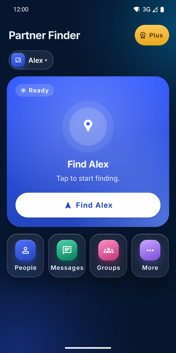 The home screen: one large Find Alex button and four tiles for People, Messages, Groups and More.