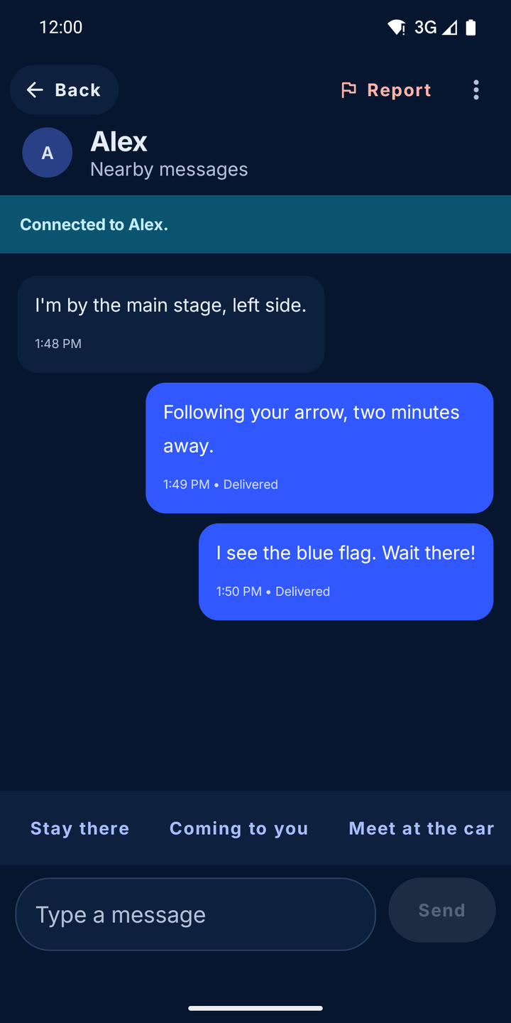 Messages between two people during a Find, with quick replies: Stay there, Coming to you, Meet at the car.