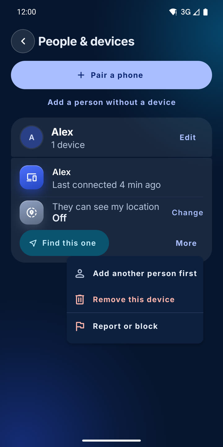 People and devices: Alex, last connected 4 minutes ago, They can see my location: Off, with Change, Remove and Report options.